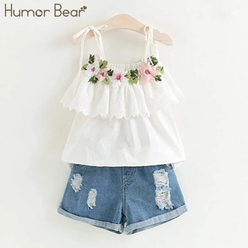white Humor Bear/Коллекция года, одежда для девочек Новая летняя детская футболка на бретельках с кружевом и бантом+ короткие штаны в полоску комплекты детской одежды без рукавов - Цвет: white