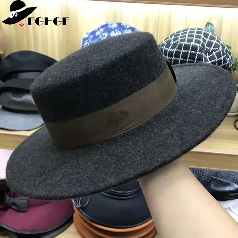 

FGHGF Women's 100% Pure Wool Felt Hats Brand Vintage Style Wide Brimmed Hats Dark Green Ribbon Ladies Flat Top Fedoras Black