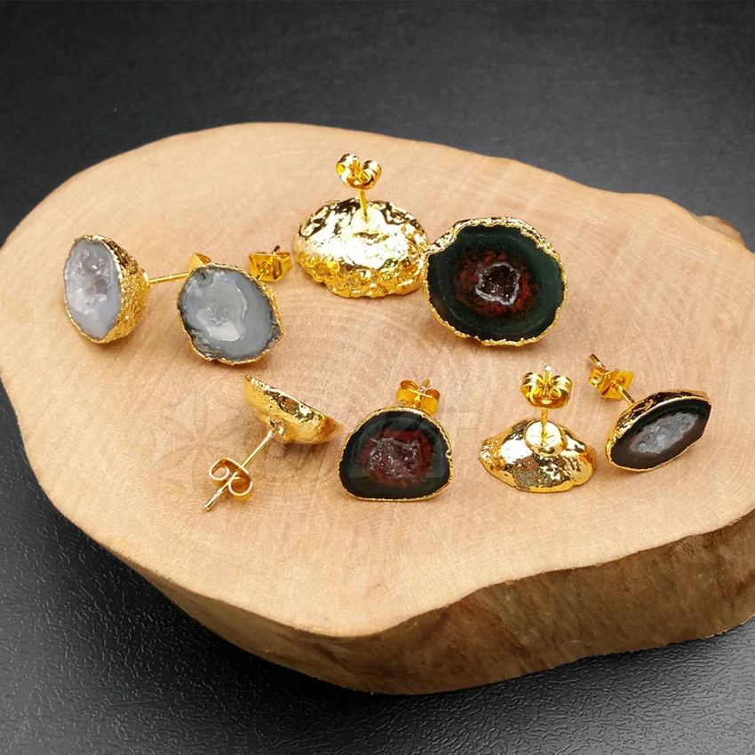 Оптовая продажа уникальные серьги из жеодового камня на заказ 5 шт./лот золотого