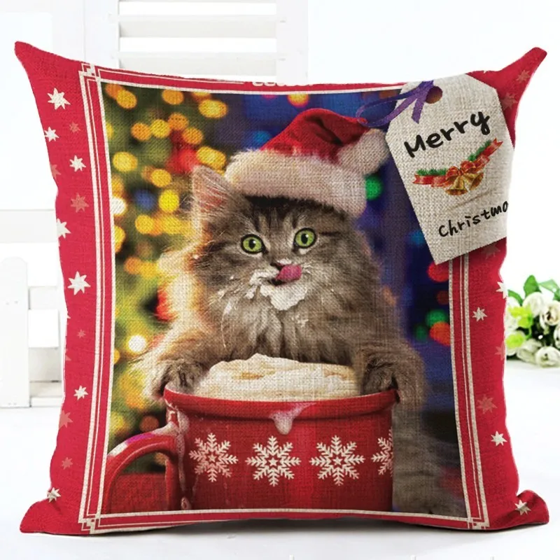 Рождество Стиль Cute Cat Отпечатано Чехлы Хлопок Белье Площадь Мода Мультфильм Посуда Бросьте Наволочку Cojines Almofadas чехлы на подушки 45*45