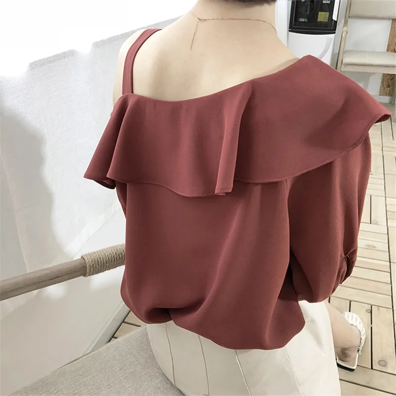Женская шифоновая блузка с оборками Корейская Весенняя рубашка коротким рукавом