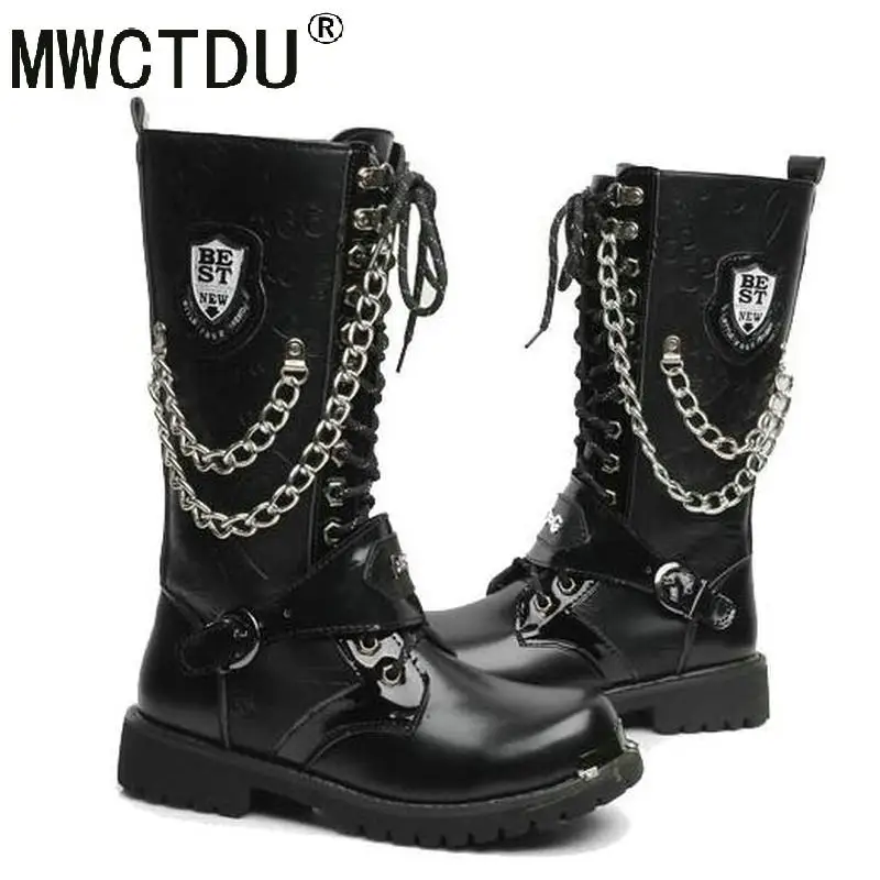 MWCTDU Army Boots Men High Military Combat Men Boots Mid Calf Metal Chain Male Motorcycle Punk Boots Spring Men's Shoes Rock