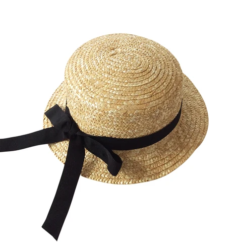 Шляпка от солнца с лентой для девочек, детская соломенная шляпка с черным украшением, летняя
