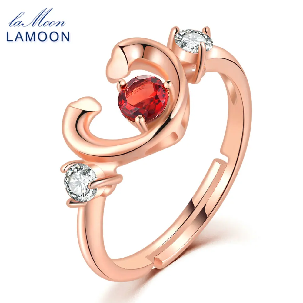 

LAMOON Trendy 4mm 100% Round Natural Red Garnet 925 Sterling Silver Wedding Ring S925 Women Jewelry LMRI033