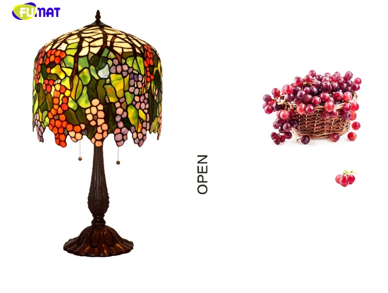 Fumat, витражное стекло Тиффани Стиль настольная лампа Медь мозаика базы винограда Цветы классы искусство украшения настольная лампа под старину светодиодный