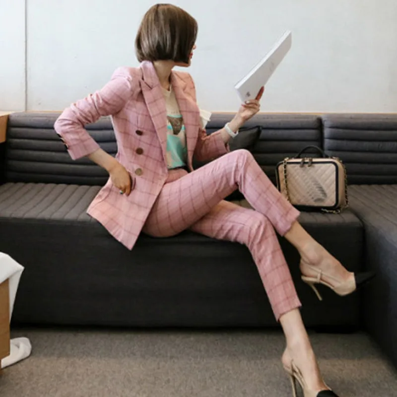 

Office Lady Blazer Women Suits Costume Femme 2 Pieces Formal Suit Shrug Shoulder Plaid Business Pantsuit Slim OL Uniform B130