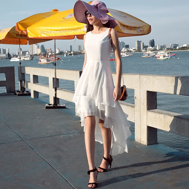 

Customize Women Plus Size Solid Color High Waist Summer Chiffon Vestido Dress Ladies Sleeveless Sweet Cute High Low Cake Dresses