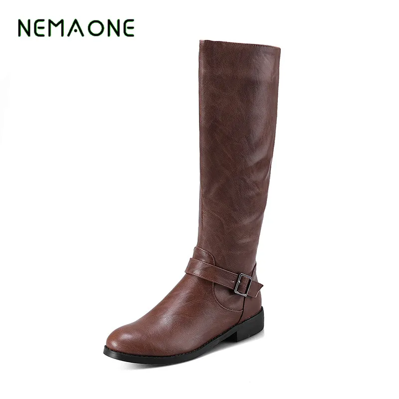 NEMAONE/ г.; обувь; женские ботинки; сапоги до колена из высококачественной искусственной кожи; обувь на плоской подошве с пряжкой; зимние женские сапоги с круглым носком