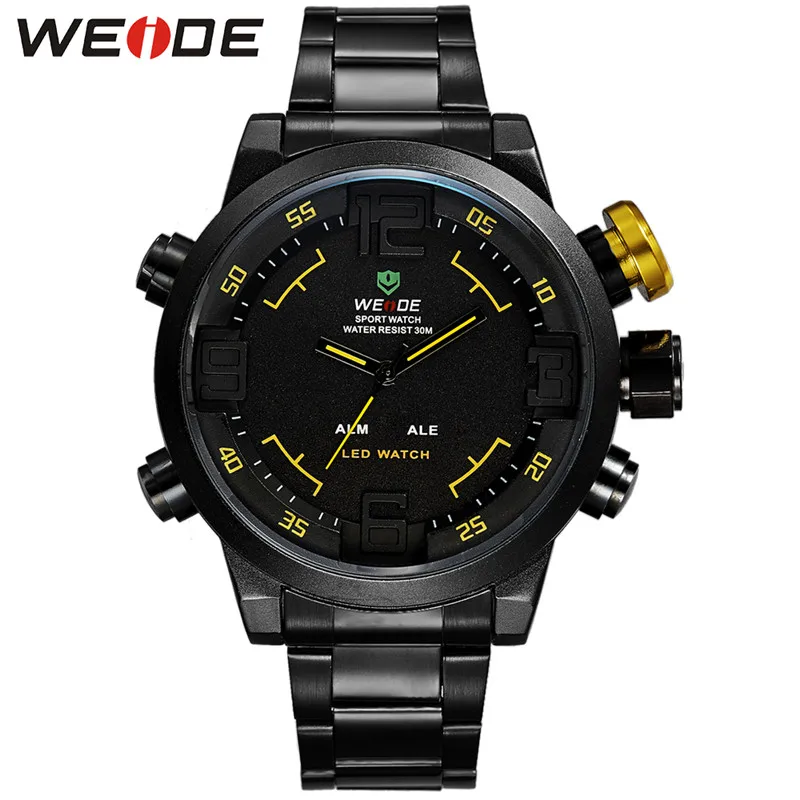WH2309B-3C WEIDE Многофункциональные Часы Мужчин Будильник Полный Календарь Спорт Полный Календарь Светодиодный Дисплей Ремешка из Нержавеющей Стали Японский Механизм Кварцевые Наручные Водонепроницаемые Электронные Часы - Цвет: WH2309B-3C