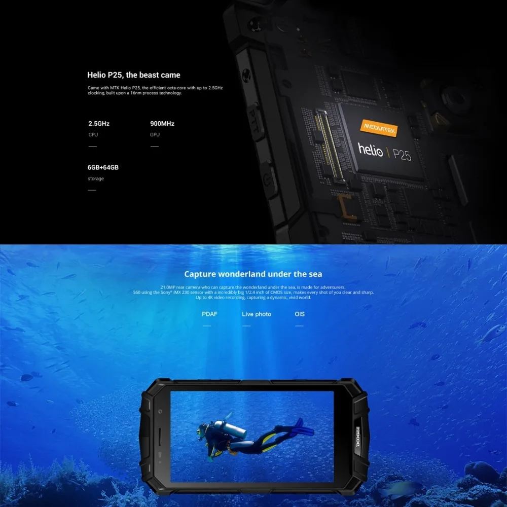 IP68 DOOGEE S60 Беспроводная зарядка 5580 мАч 12V2A Быстрая 5 2 'ɿHD Helio P25 восьмиядерный