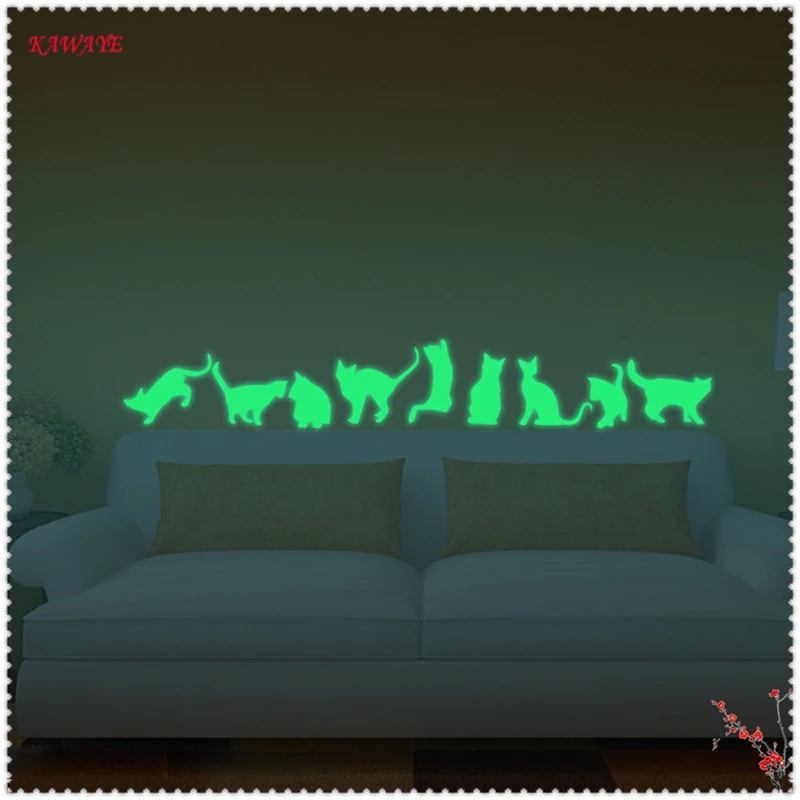 9pcs 9 шт. милый котенок котик; блестящие светящиеся светящаяся наклейка для стены Настенная Наклейка для переключателя Спальня наклейка для домашнего декора 5ZDZ295 - Цвет: 9pcs