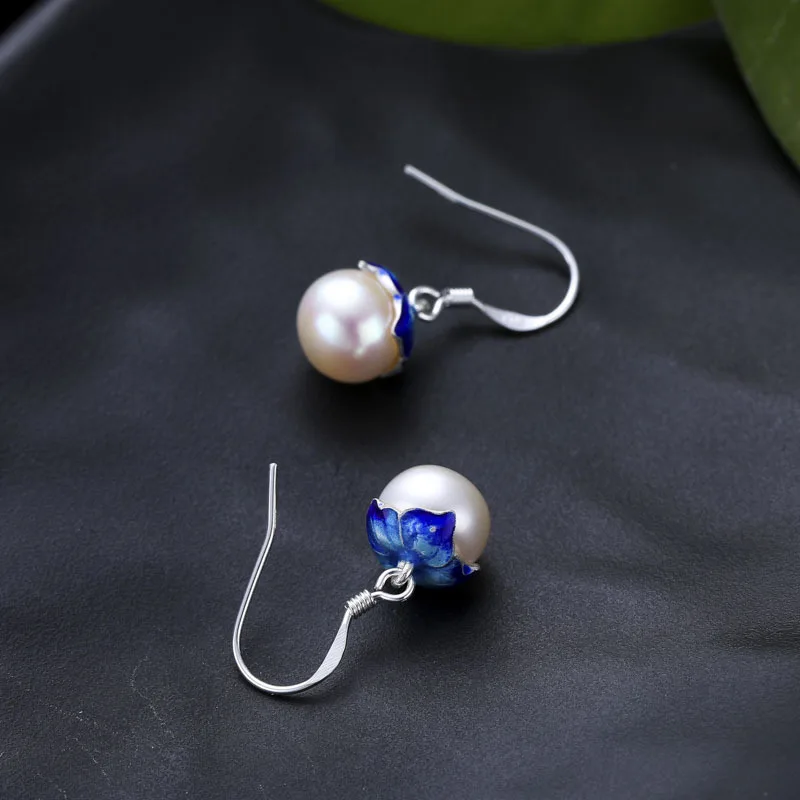 

High quality natural freshwater pearls blue leaves Drop Earrings For Women 925 Sterling Silver Jewelry New Vintage Fine Jewelry