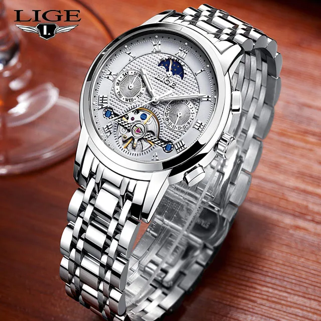 LIGE Luxury Brand Watch Men Casual Watches Mens Waterproof Automatic Mechanical Man Full Steel Sport Wristwatch 9851 | Наручные часы