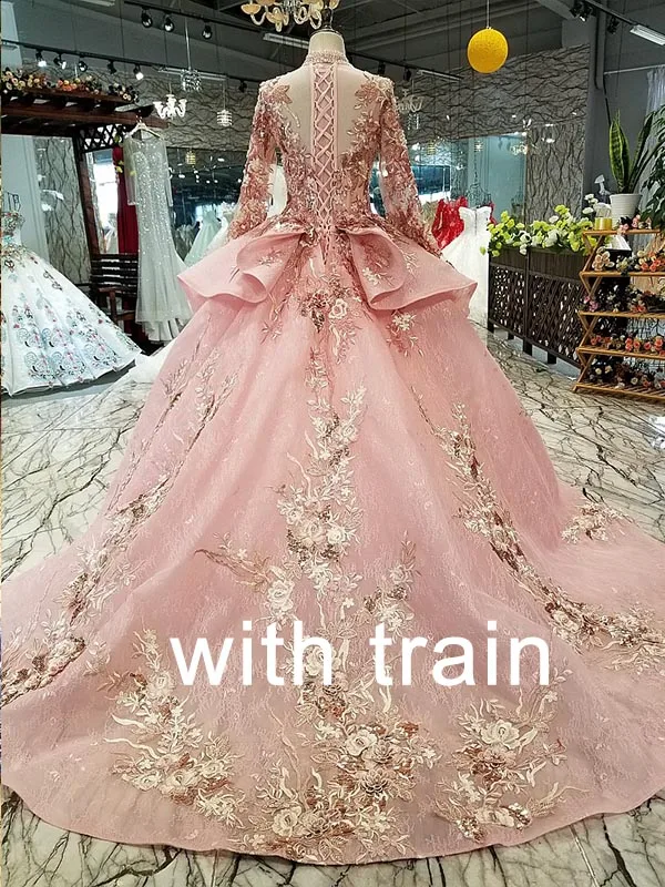 with train LS320400 розовое специальное дубайское Пышное вечернее платье с высоким воротником и длинным рукавом из тюля на шнуровке сзади Вечерние платья можно сделать для мусульманских - Цвет: with train