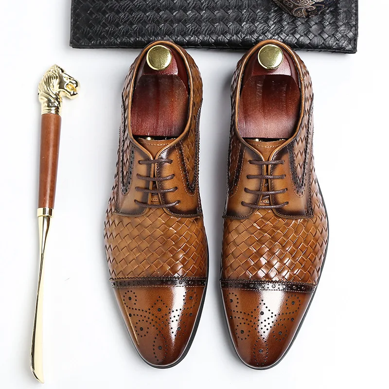 

British Style Pointed Toe Formal Shoes Men Dress Shoes Fashion Weave Wedding Shoes Men Lace Up Handmade Leather Shoes