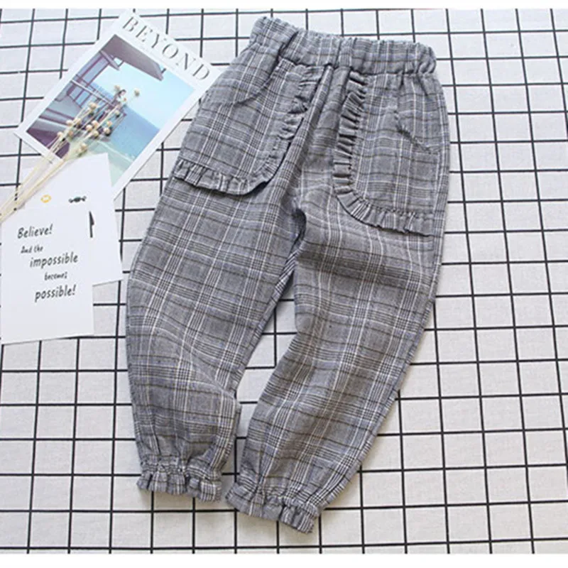 

DFXD 2017 Autumn Baby Girls Pants Kids England Style Plaid With Pocket Long Casual Trousers Lovely Baby Party Pant Wear 2-8Y