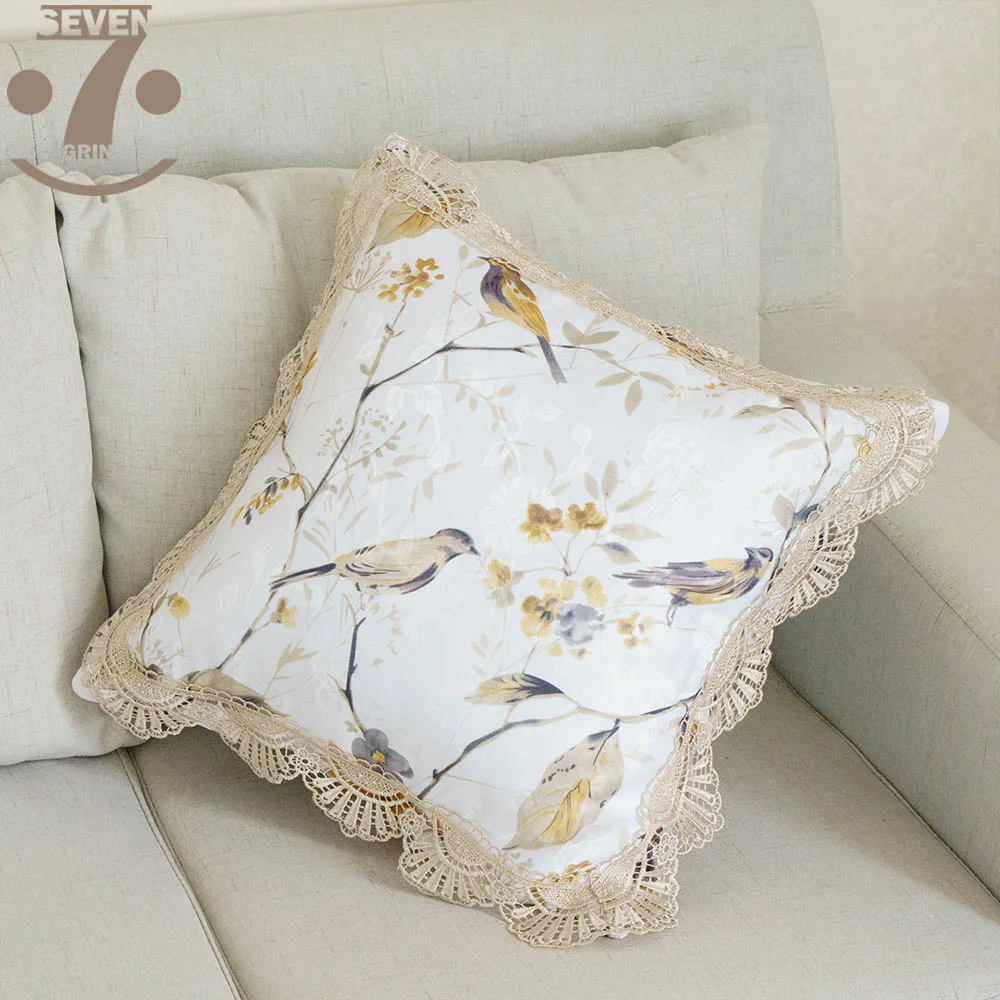 Наволочка в пасторальном стиле из жаккардовой ткани с рисунком птиц 45x45 см