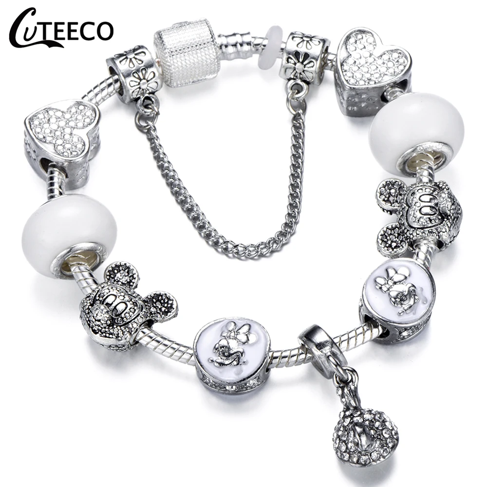 CUTEECO 925, модный серебряный браслет с шармами, браслет для женщин, Хрустальный цветок, сказочный шарик, подходит для брендовых браслетов, ювелирные изделия, браслеты