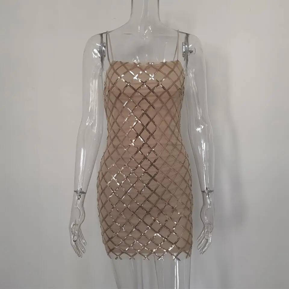 JillPeri Women Mini Dress Sexy Slash Neck Strap Sequin Dresses Sleeveless Plaid Club Wear Short Luxury Gold Summer Daily | Женская