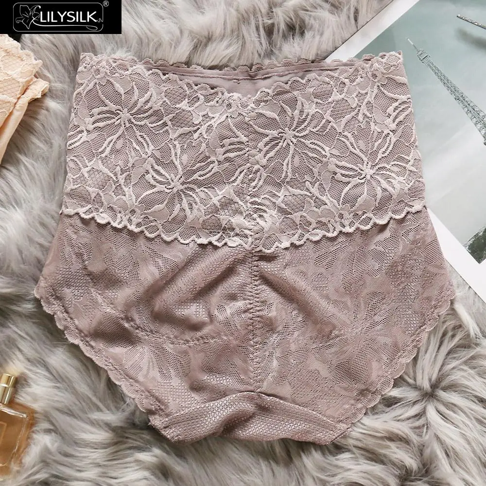 LilySilk красивые шелковые трусики с высокой талией и кружевной отделкой удобные