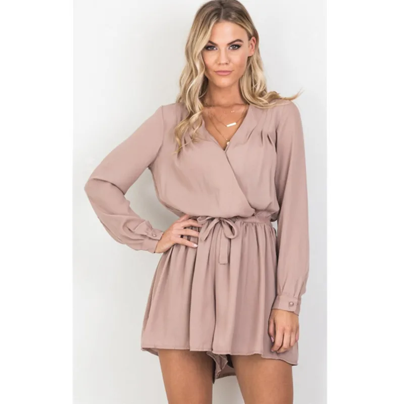 2017 Женский шифоновый комбинезон Короткий женский на груди с длинным рукавом