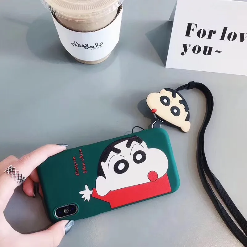 GYPHCA Big head Doraemon Chi-bi Maruko phone Case For iphone X XR Xs Max Mobile lanyard Soft Cover 6 7 8 plus |