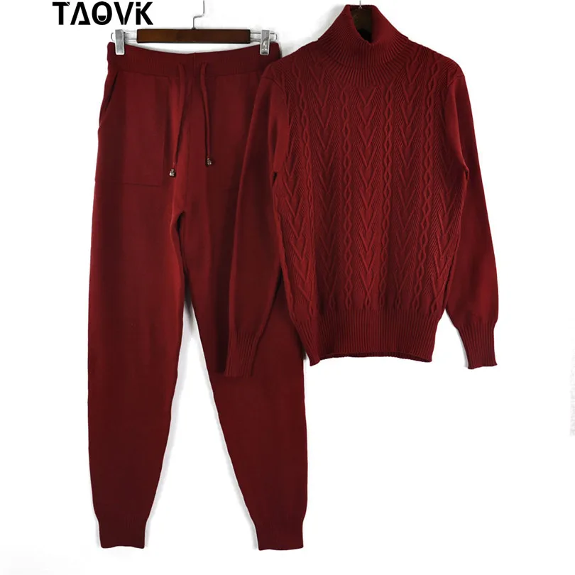 Wine Red TAOVK женские трикотажные костюмы с высоким воротником комплект из двух предметов топ и брюки женский гимнастический вязаный костюм женский комплект из двух предметов - Цвет: Wine Red