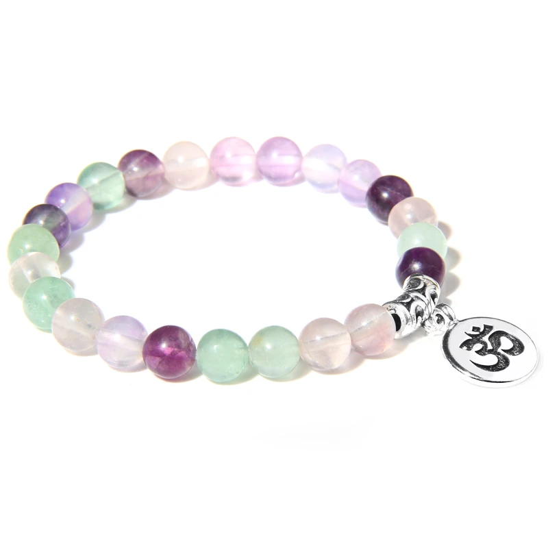 

Colorful Fluorite Beads Bracelet for Women Round Natural Purple Beads Ohm Charm Bracelet Jewelry Fit Women Girls Fovers Friend