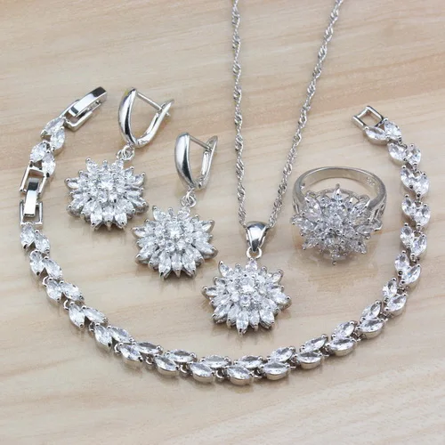 4PCS 925 пробы Серебряный женский свадебный костюм Ювелирные наборы натуральный белый кристалл CZ, висящие сережки/ожерелье/браслет и кольцо наборы - Окраска металла: 4PCS