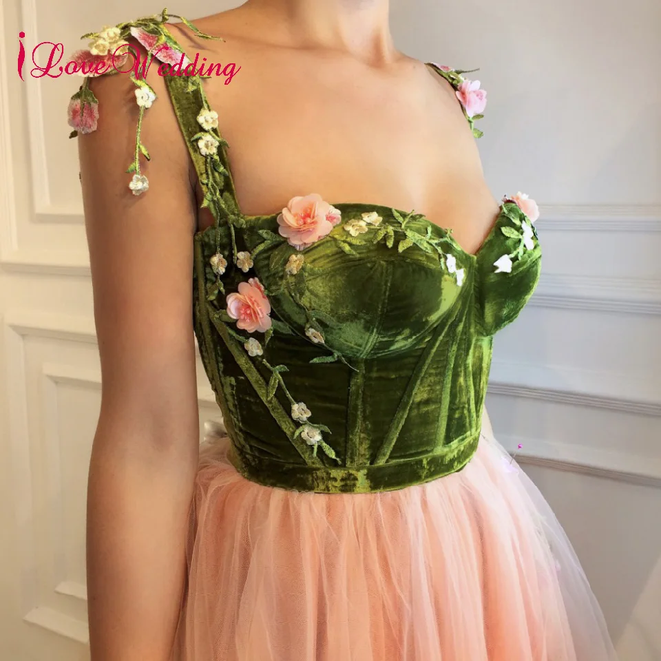 ILoveWedding элегантное платье на тонких бретельках с 3D цветы зеленые велюр