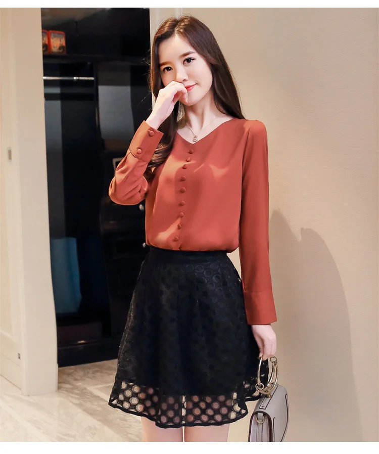 Женская блузка blusas mujer de moda, корейская v-образным блузки модная одежда, шифоновая блузка на пуговицах, однотонные белые с вырезом 2308 50