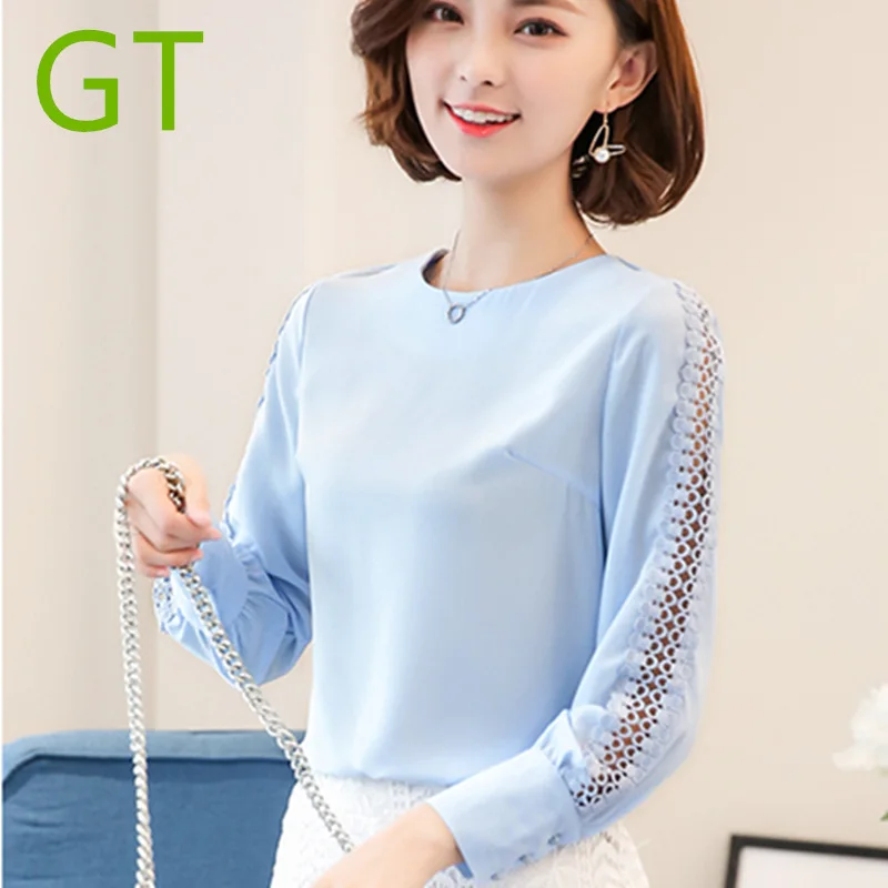 Spring Women Chiffon Blouse Long Sleeve Lace Shirt Hollow Out Blouses Tops Summer Sexy Slim Solid Blusa de Renda Feminina - Цвет: Синий
