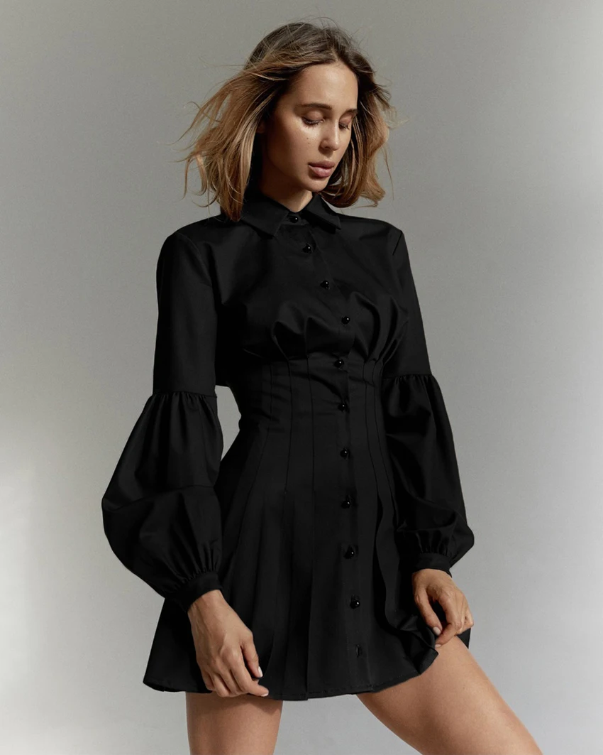 OOTN черная туника с рукавом-фонариком, платье-рубашка, женское Плиссированное ТРАПЕЦИЕВИДНОЕ ПЛАТЬЕ С Длинным Рукавом, элегантное модное женское мини-платье для вечеринок