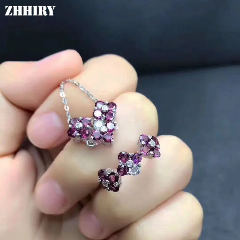 ZHHIRY, Женские Ювелирные наборы, фиолетовый гранат, натуральная 925 пробы, серебряное кольцо, ожерелье, подвеска, цепь, набор драгоценных камней, хорошее ювелирное изделие