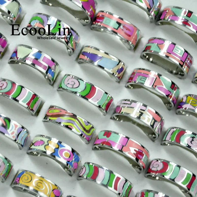 50 шт. EcooLin бренд Мода Эмаль Окрашенные кольца из нержавеющей стали для женщин ювелирные изделия много оптом LR4031