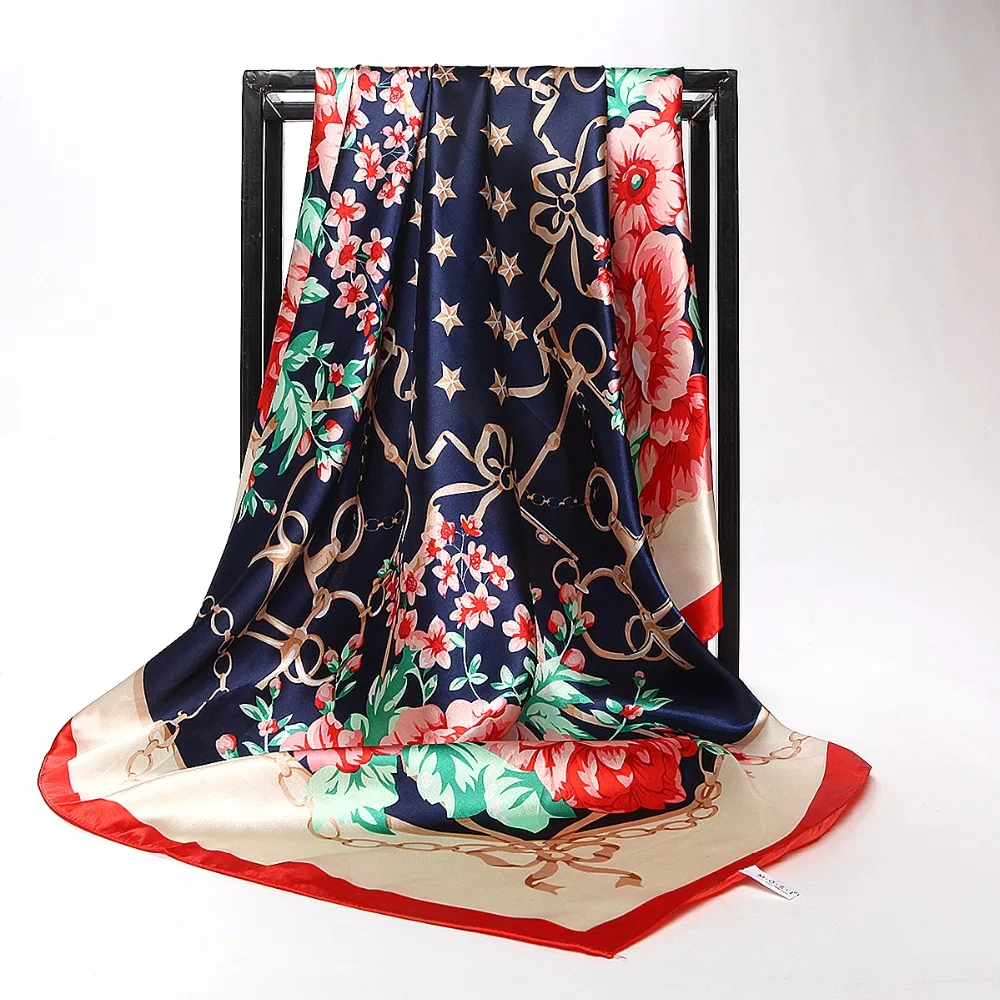 

Fashion Head Scarves Women Print Silk Scarf Female Luxury Brand Satin Square Shawls Summer Ladies Shawls 90cmx90cm Head Hijab
