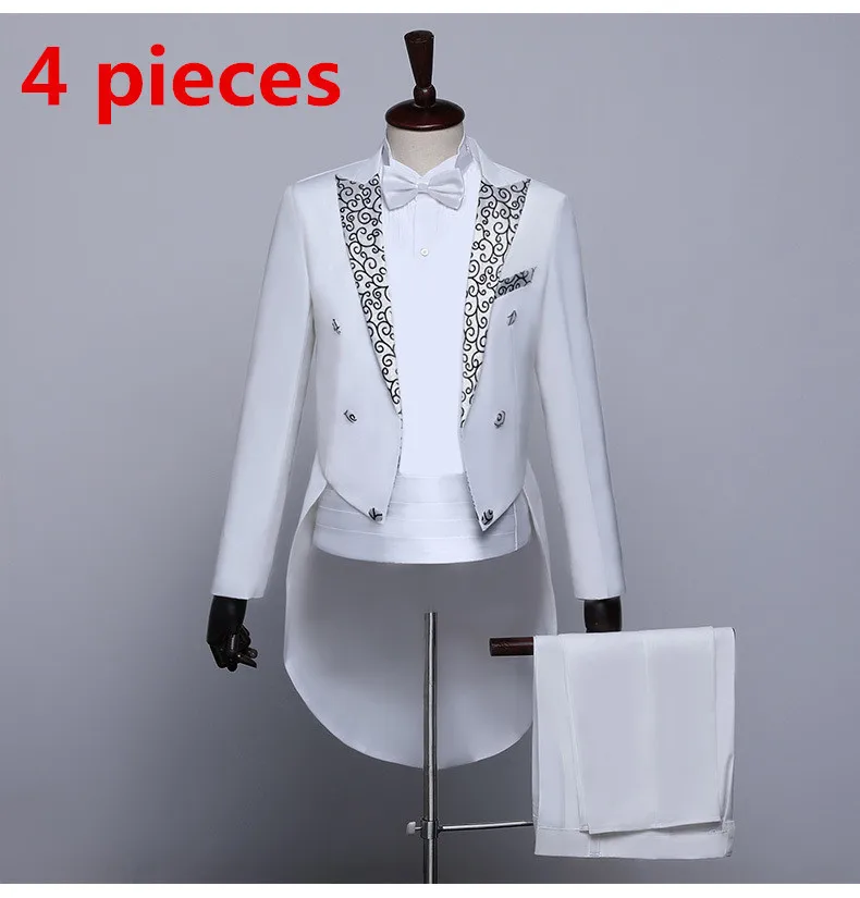 4 pcs set white PYJTRL Мужская модная обувь; цвет черный, темно-синий; сине-белые, с отворотом, с цветочным узором; свадебные, для жениха фрак смокинг Вечеринка костюмы певцов Для мужчин - Цвет: 4 pcs set white