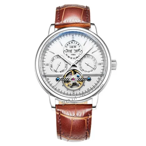 White brown C8724 Carnival tourbillon Мужские брендовые автоматические механические часы Роскошные водонепроницаемые часы из натуральной кожи полностью стальные часы homme - Цвет: White brown C8724