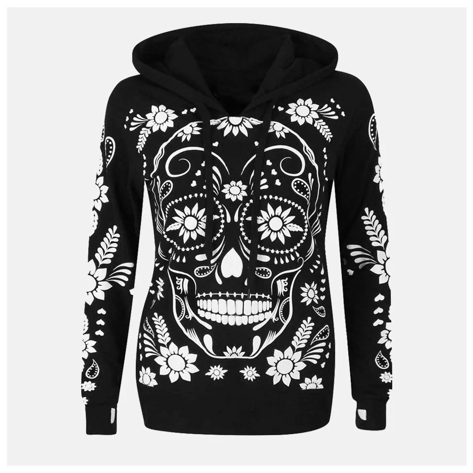 В стиле Харадзюку Толстовка с рисунком череп Цветы толстовка на молнии капюшоном