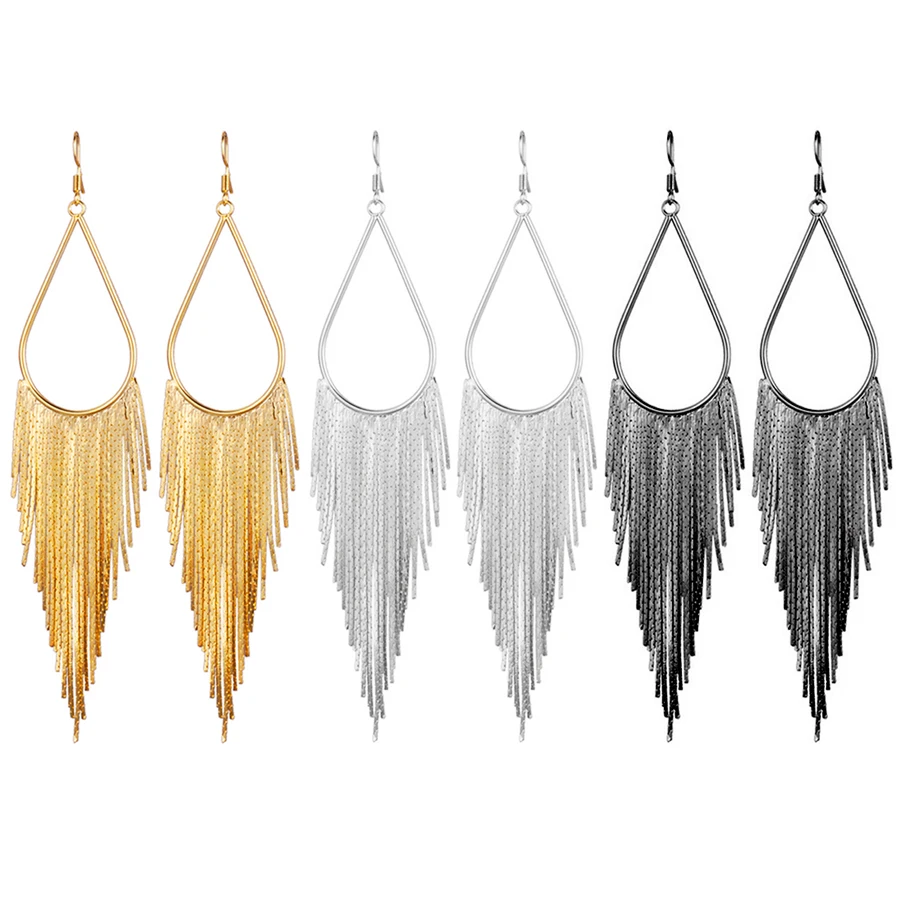 SHEEGIOR Boho длинные сережки для женщин Bijoux Femme милые золотые серебряные черные кисточки большая капля воды серьги-кольца, модные ювелирные украшения