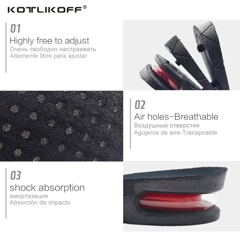 KOTLIKOFF 3-9cm Height Increase Insole Cushion Height Lift Adjustable Cut Shoe Heel Insert Taller Support Absorbant Foot Pad