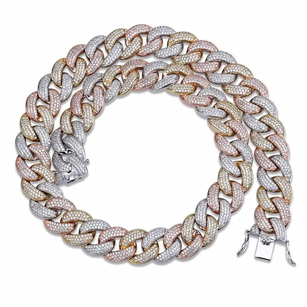 Tricolor JINAO 18 мм Maimi кубинское звено ожерелье-цепочка, серебро и роза Цвет Iced Out кубический циркон хип хоп ювелирные изделия для мужчин и женщин подарок - Окраска металла: Tricolor