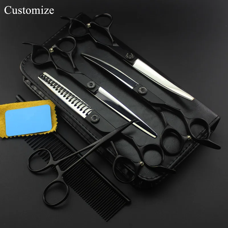 Customize 6 kit Japan 440c 7 inch black handle Pet dog grooming hair thinning shears curved cutting barber hairdressing scissors