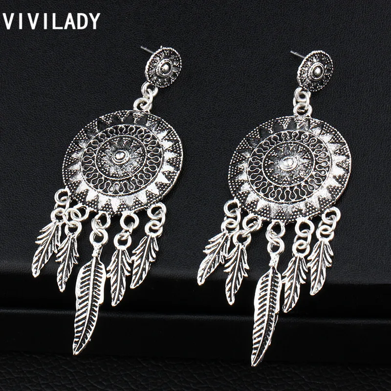 Vivilady Модный Boho Ретро серебристого цвета с длинной бахромой перо листьев солнце