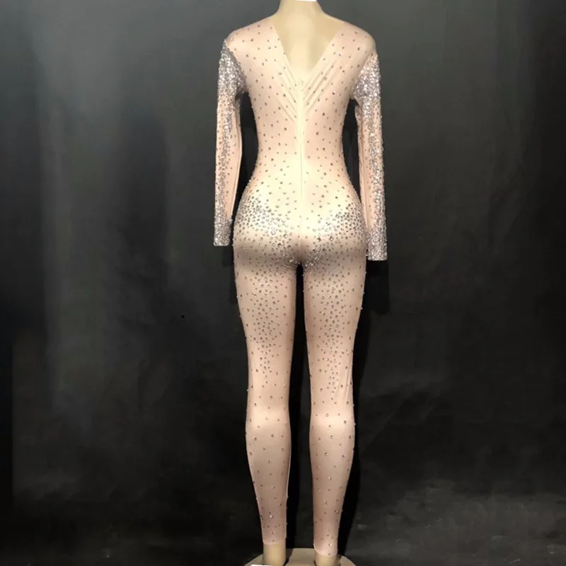 

Sparkly Crystals Nude Jumpsuit Stretch Stones Outfit Celebrate Bright Rhinestones Bodysuit Costume Female Singer Birthday