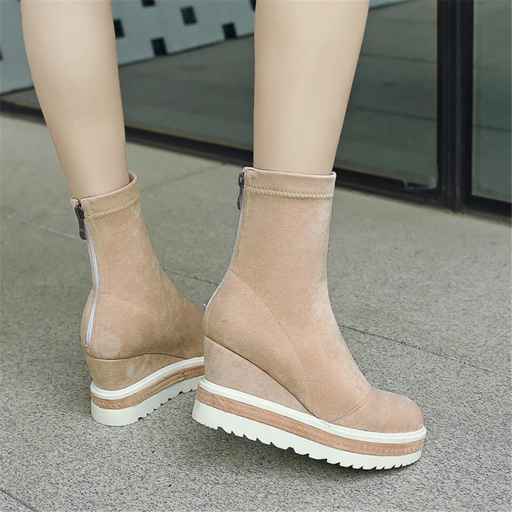 RIBETRINI Brand New women's Genuine Leather Ladies Wedges High Heels Platform Shoes Woman Casual Soft Autumn Ankle Boots