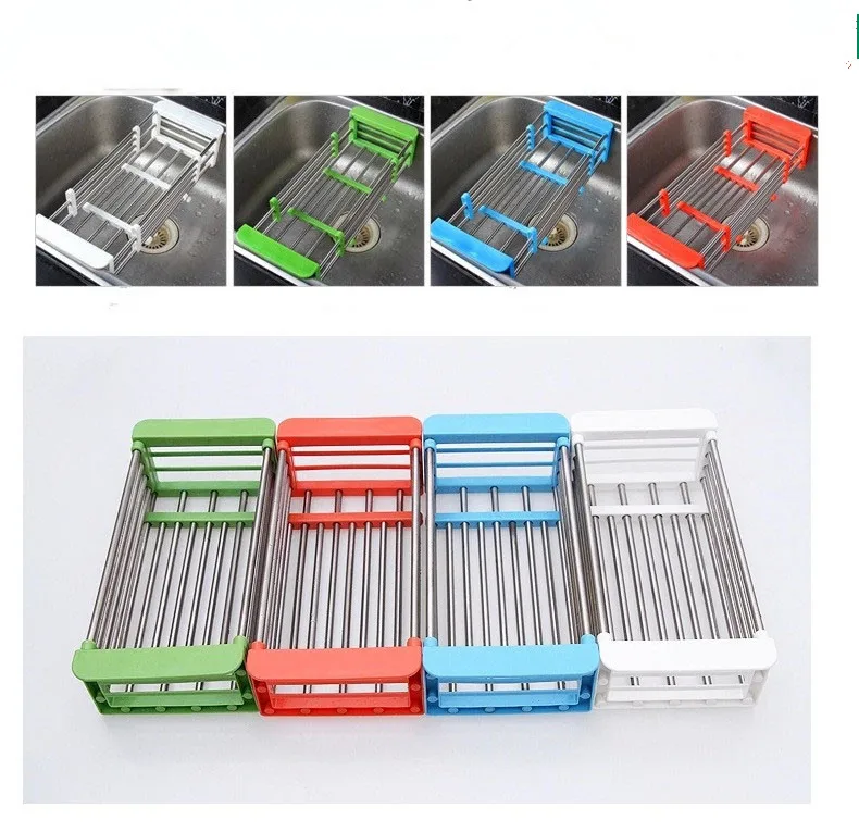 

1PC Telescopic Kitchen Sink Dish Rack Insert Countertop Storage Organizer Tray Stainless Steel Fruits Vegetables Basket OK 0381
