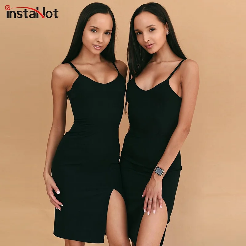 InstaHot Платьена бретельках с v-образным вырезом лето тонкое обтягивающее сексуальное платье миди Модная элегантная эластичная одежда