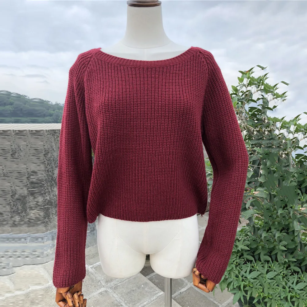 MisShow Solid Burgundy Long Sleeve Sweater Round Neck Loose Autumn Winter Fashion Pullovers Knitted Casual Women Jumpers