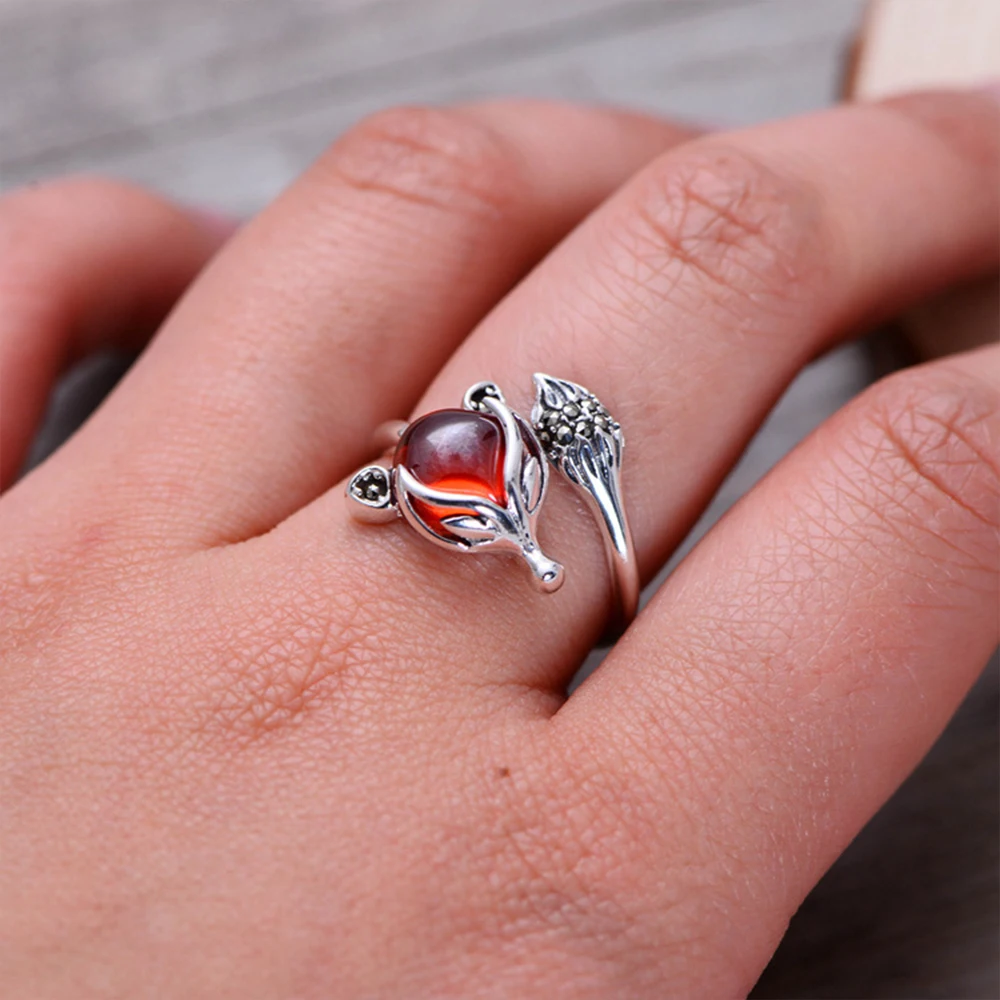 

MetJakt Natural Garnet Ring Cute Fox with Zircon Solid 925 Sterling Silver Open Ring for Women's Party Wedding Jewelry